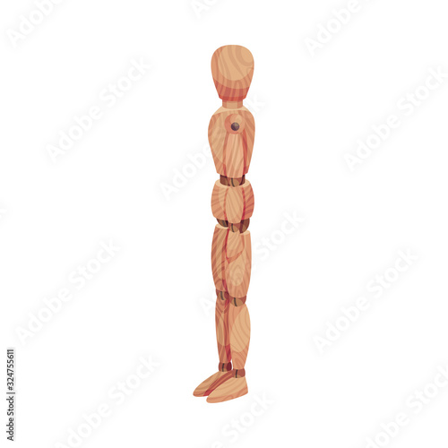 Wooden Man Standing Still Side View Isolated on White Background Vector Illustration