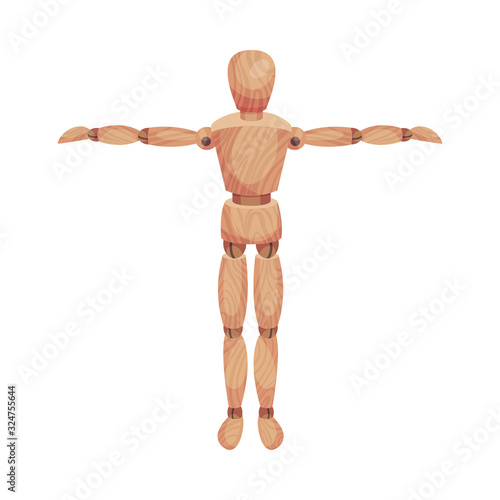 Wooden Man Standing with His Hands Apart Front View Isolated on White Background Vector Illustration