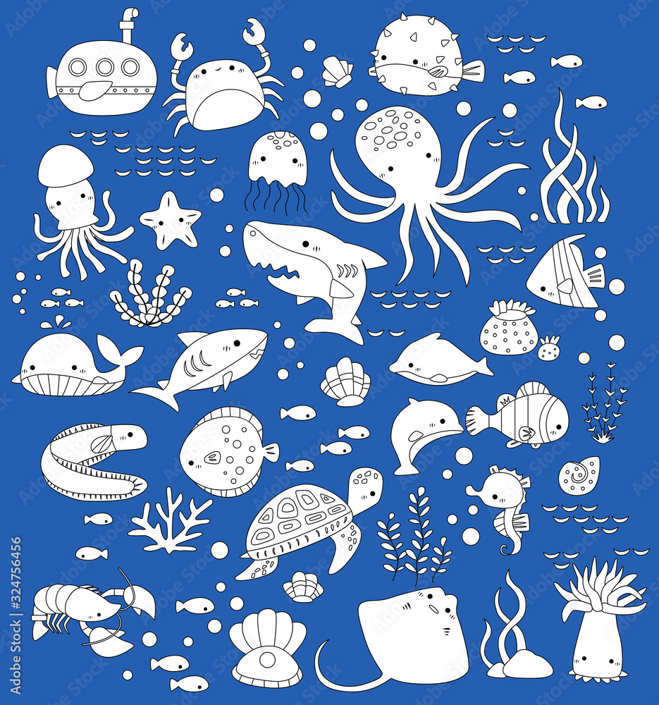 Fototapeta premium a vector set of black and white underwater animal