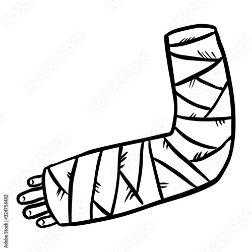 Broken arm cast doodle. Injured limb in gypsum plaster. Media glyph graphic symbol