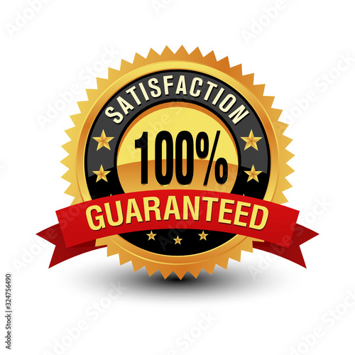 Excellent 100% satisfaction guaranteed gold badge, seal, sign with red ribbon isolated on white background.