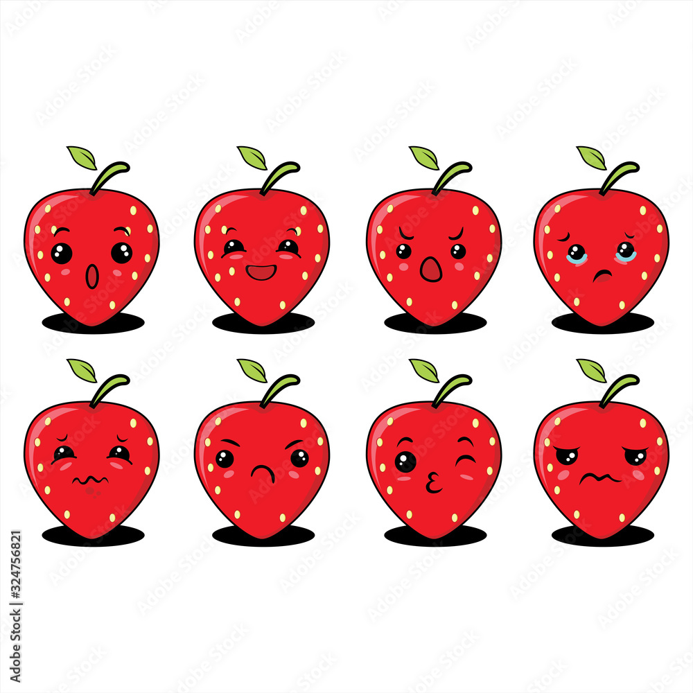 Illustration graphic vector of cute strawberry, set of cartoon tropical fruit characters in kawaii style, isolated on white background. vector illustration. Illustration graphic vector of cute strawberry, set of cartoon tropical fruit characters in kawaii style, isolated on white background. vector illustration.