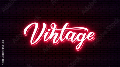 Vintage hand drawn neon lettering. Red glowing handwritten inscription isolated on wall background.  Vector calligraphic text.