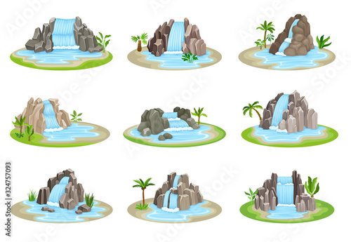 Low Tropical Waterfalls Rested on Green Rounded Island Spot Vector Set
