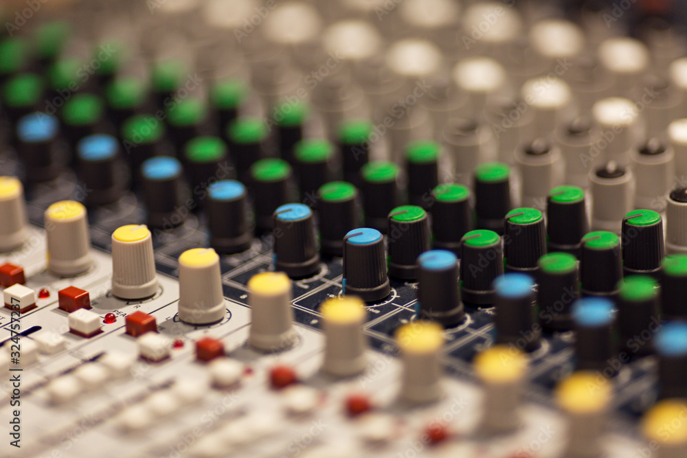 Sound mixer control panel. Close-up. Sound mixer control panel. Close-up.