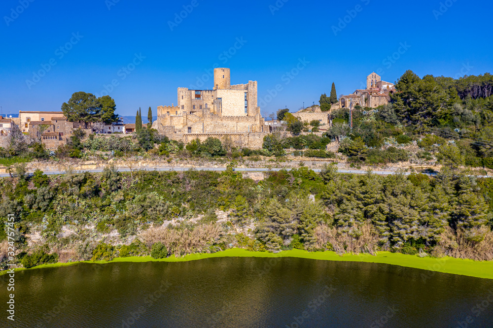 Aerial view of the foix swamp, Castle and Church of Sant Pedro, in Castellet Spain