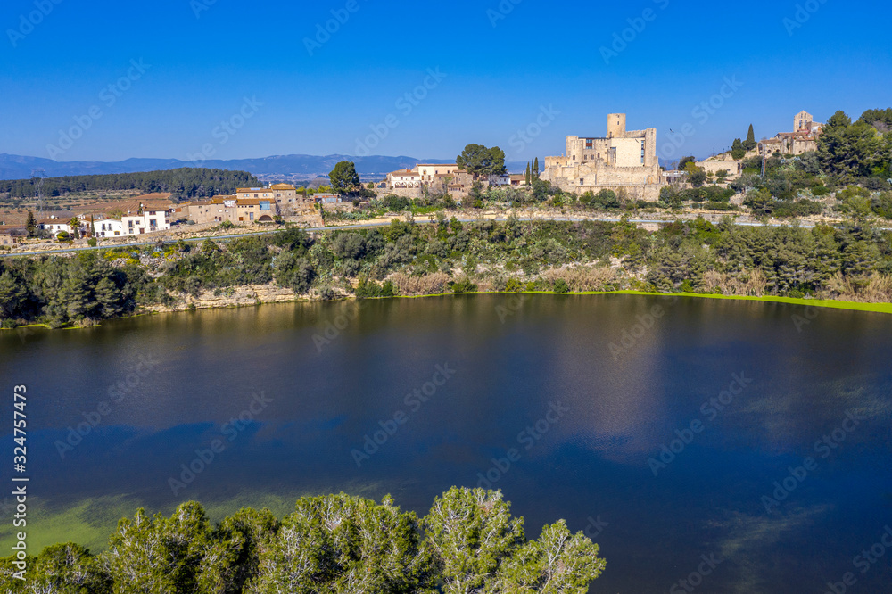 Aerial view of the foix swamp, Castle and Church of Sant Pedro, in Castellet Spain