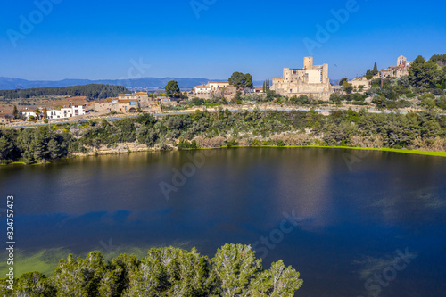 Aerial view of the foix swamp  Castle and Church of Sant Pedro  in Castellet Spain
