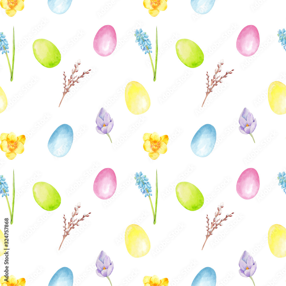 Seamless pattern with easter eggs and twigs of different flowers