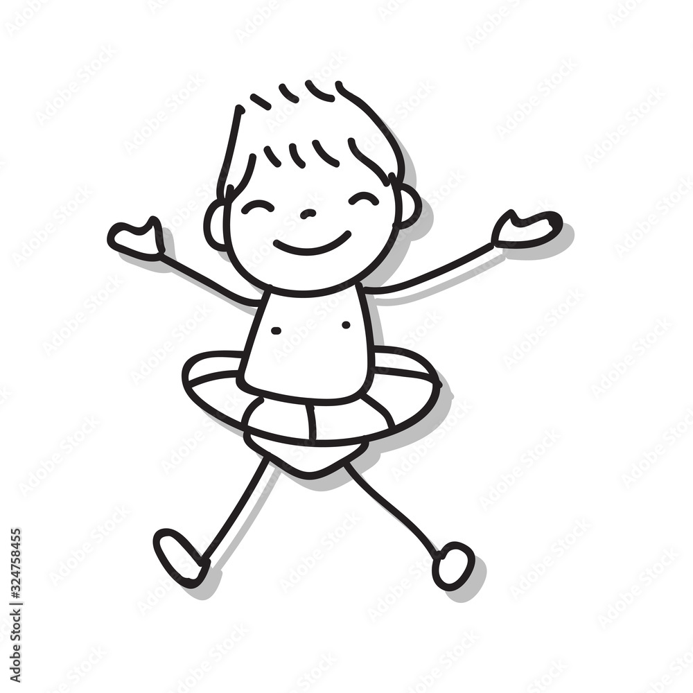 Hand drawing match-stick style cartoon character happy boy wearing swim ring for summer. Abstract people, happiness concept. Vector illustration. Hand drawing match-stick style cartoon character happy boy wearing swim ring for summer. Abstract people, happiness concept. Vector illustration.
