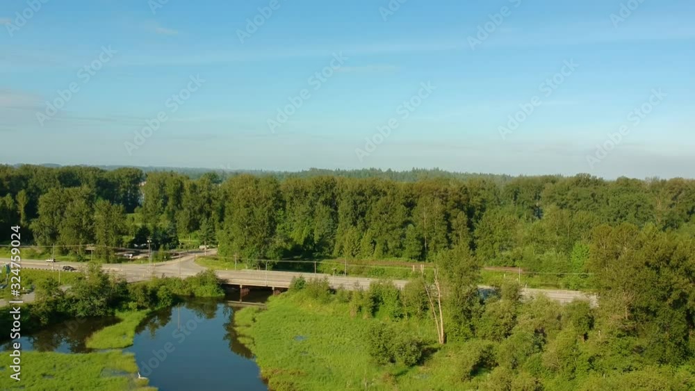 Descending Aerial View of Highway BC-7 in Maple Ridge, British Columbia, CAnada