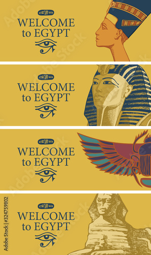 Set of vector travel banners with Nefertiti, Tutankhamun, scarab and Sphinx. Advertising flyers or posters for travel agency with words Welcome to Egypt and Egyptian attractions