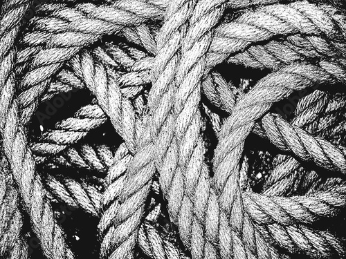 Distress grunge vector texture of wicker rope. Black and white background.