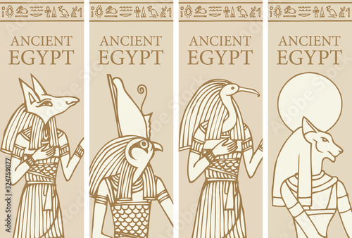Set of vector banners with Egyptian gods - Horus, Thoth, Anubis, goddess Bastet. Advertising posters or flyers for travel agency with Egyptian hieroglyphs and inscription Ancient Egypt.