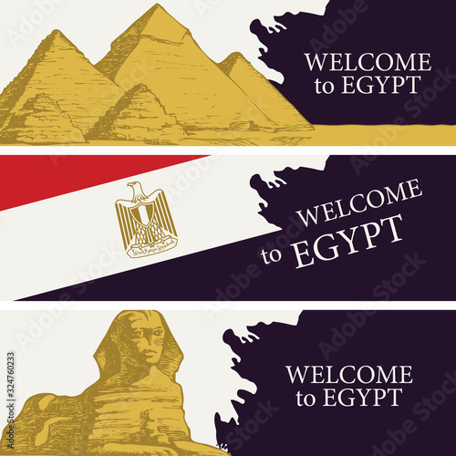 Vector set of travel banners with the pyramids, the Egyptian flag and the Sphinx. Advertising posters or flyers for travel agencies with the words Welcome to Egypt.