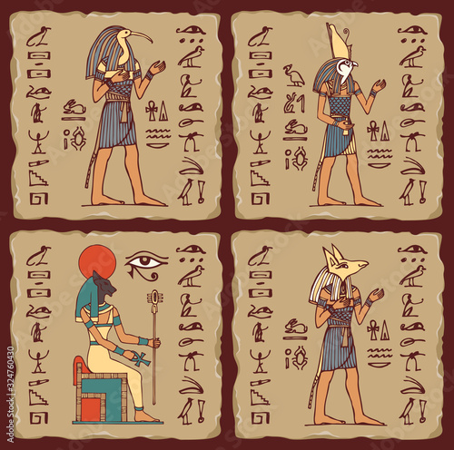 Set of vector banners in the form of ceramic tiles with Egyptian gods and hieroglyphs. Colored illustrations on the theme of Ancient Egypt. Advertising posters or flyers for travel Agencies
