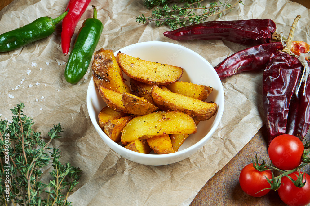 Baked potatoes in spices in a white bowl in a composition with vegetables and specialty. Recipe photo Baked potatoes in spices in a white bowl in a composition with vegetables and specialty. Recipe photo