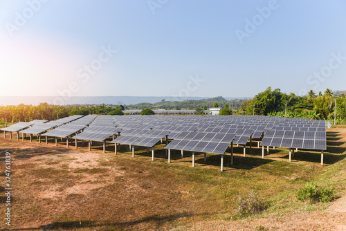 Solar panels in the solar farm with green tree and sun lighting reflect - solar cell energy or renewable energy concept