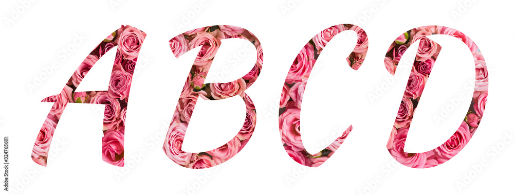 The letters ABCD of the English alphabet is cut out of pink roses on a white isolated background.Floral pattern, texture.Bright alphabet for stores, sales, websites, postcards and holiday greetings The letters ABCD of the English alphabet is cut out of pink roses on a white isolated background.Floral pattern, texture.Bright alphabet for stores, sales, websites, postcards and holiday greetings