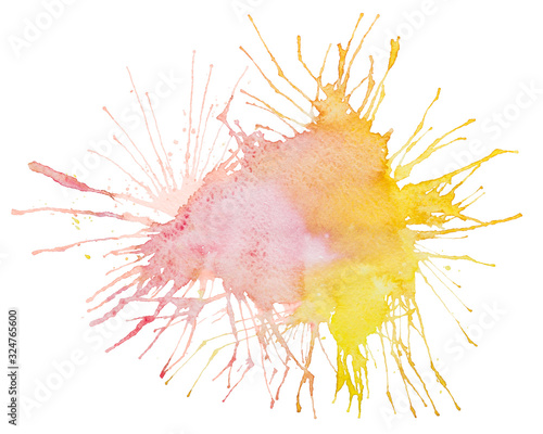 Watercolor hand drawn pink yellow colored splash stain, isolated on the white background © alchena