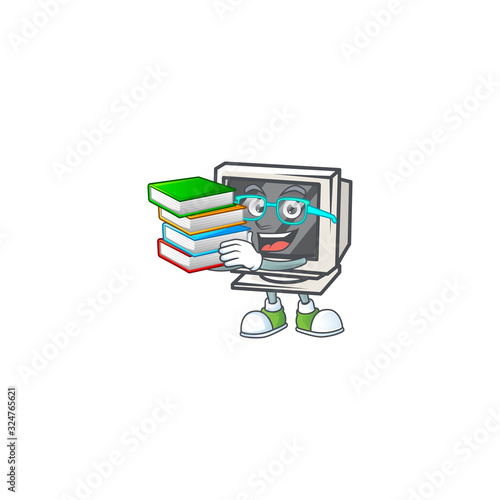 A brainy clever cartoon character of vintage monitor studying with some books