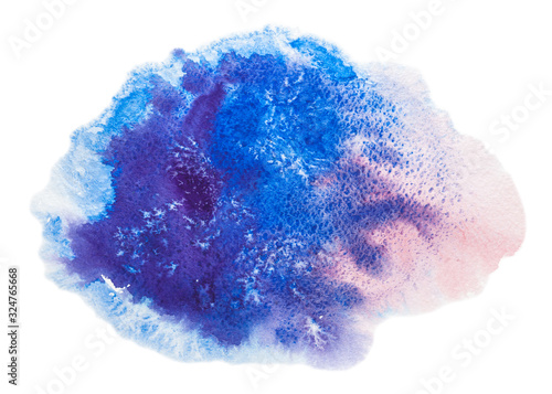 Watercolor hand drawn blue and pink colored soft stain, isolated on the white background