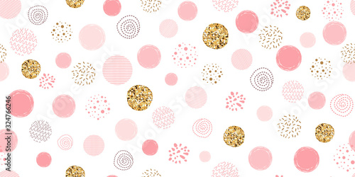 Girl pink dotted seamless pattern Polka dot abstract background pink glitter gold circles Vector pink print