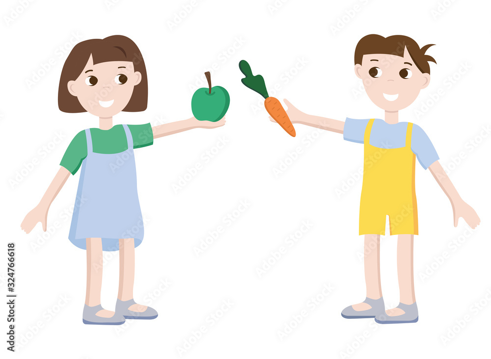 Healthy children. The boy gives carrots. Girl holds out an apple. Healthy lifestyle. Healthy fruits and vegetables. Healthy children. The boy gives carrots. Girl holds out an apple. Healthy lifestyle. Healthy fruits and vegetables.