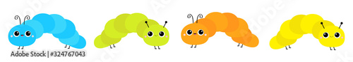 Cute crawling catapillar bug set line. Cartoon funny kawaii baby animal character. Caterpillar insect icon. Colorful bright yellow blue green orange color. Flat design. White background. Isolated.