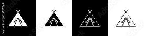 Set Traditional indian teepee or wigwam icon isolated on black and white background. Indian tent. Vector Illustration