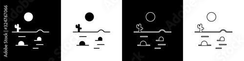 Set Desert landscape with cactus icon isolated on black and white background. Vector Illustration
