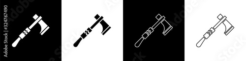 Set Native american tomahawk axe icon isolated on black and white background. Vector Illustration