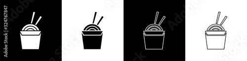 Set Asian noodles in paper box and chopsticks icon isolated on black and white background. Street fast food. Korean, Japanese, Chinese food. Vector Illustration