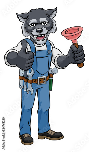 A wolf plumber cartoon mascot holding a toilet or sink plunger giving a thumbs up