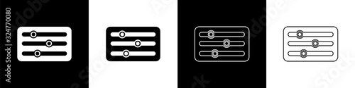 Set Sound mixer controller icon isolated on black and white background. Dj equipment slider buttons. Mixing console. Vector Illustration