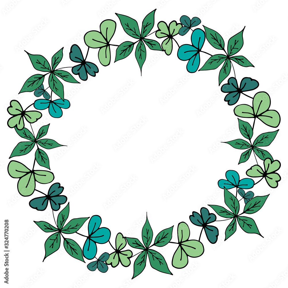 Round frame of hand-drawn green leaves.