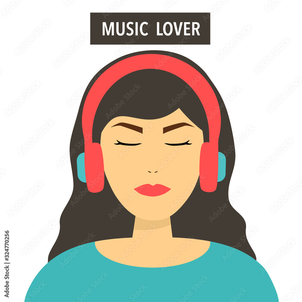 A beautiful woman wearing headphones listening music with closed eyes vector illustration on white background. Curly girl music lover relaxing when enjoy her favorite song. I love music concept.