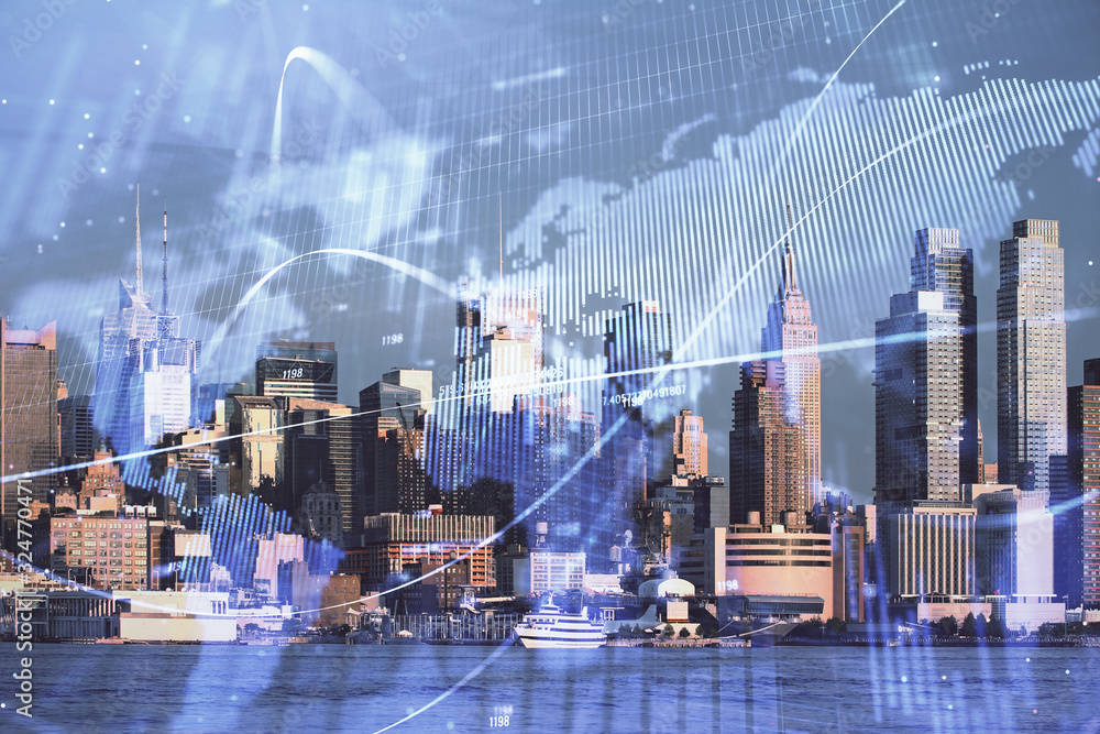 Forex graph on city view with skyscrapers background double exposure. Financial analysis concept. Forex graph on city view with skyscrapers background double exposure. Financial analysis concept.