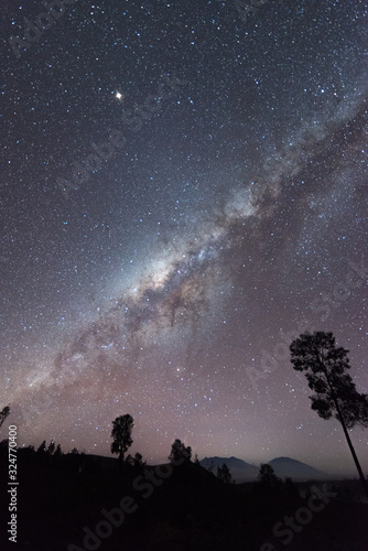 View of milky way and silhouette trees on the way to Kawah Ijen in Java, Indonesia.