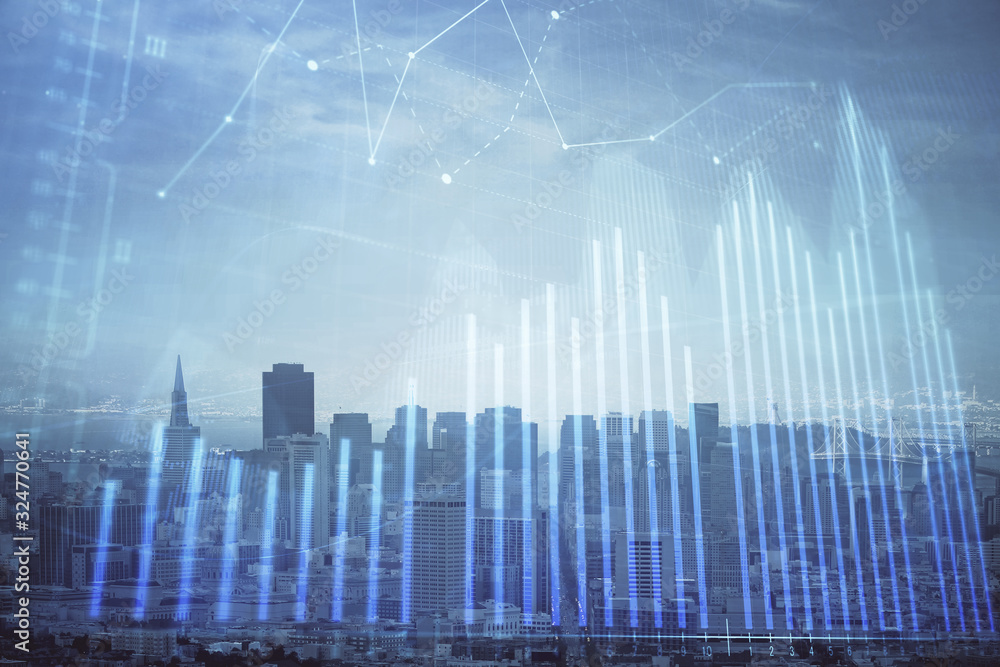 Forex graph on city view with skyscrapers background multi exposure. Financial analysis concept. Forex graph on city view with skyscrapers background multi exposure. Financial analysis concept.