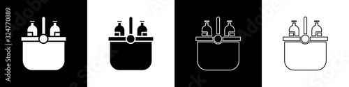 Set Cooler bag and water icon isolated on black and white background. Portable freezer bag. Handheld refrigerator. Vector Illustration