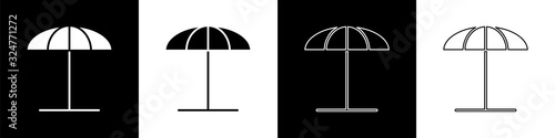 Set Sun protective umbrella for beach icon isolated on black and white background. Large parasol for outdoor space. Beach umbrella. Vector Illustration