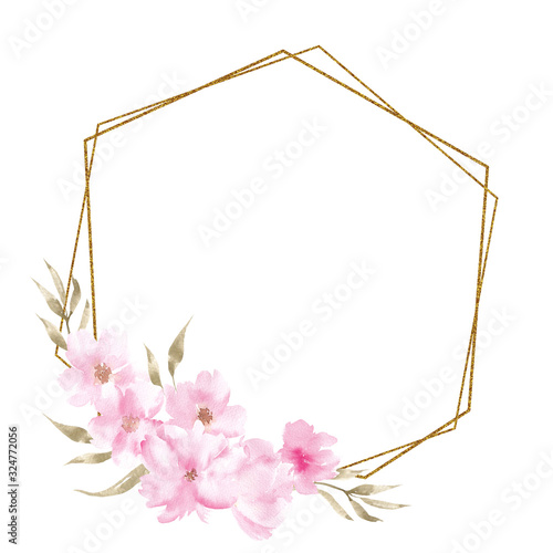 Frame with watercolor hand draw spring flowers and leaves, for wedding design, print, invitation.