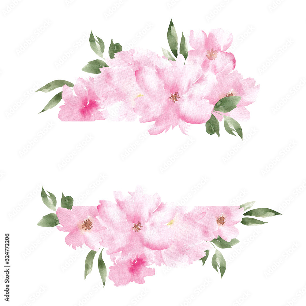 Fototapeta premium Frame with watercolor hand draw spring flowers and leaves, for wedding design, print, invitation.