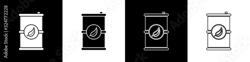 Set Bio fuel barrel icon isolated on black and white background. Eco bio and canister. Green environment and recycle. Vector Illustration