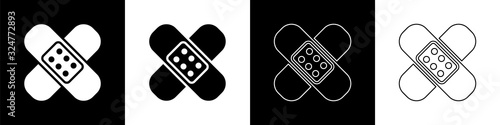 Set Crossed bandage plaster icon isolated on black and white background. Medical plaster, adhesive bandage, flexible fabric bandage. Vector Illustration
