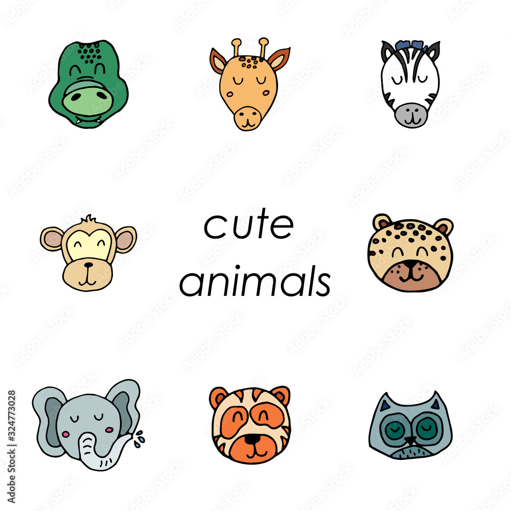 Cute animals hand drawn faces collection on white background isolated.