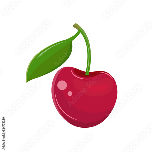 Red cherry in a vector on a white background. Garden berry with a leaf on the stem. Sweet fruit. Berry icon. Hand drawn vector illustration