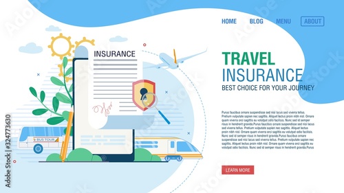 Online Service for Journey Insurance. Tour Agency Landing Page Offer Safe Movement by Bus, Airplane and Train to Destination Place. Form for Fulfilling Medical Policy on Mobile. Vector Illustration