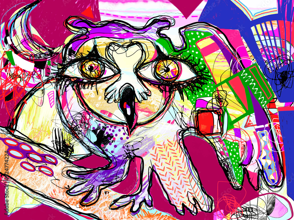 pop art original artwork contemporary digital painting of doodle fantasy owl with big eyes